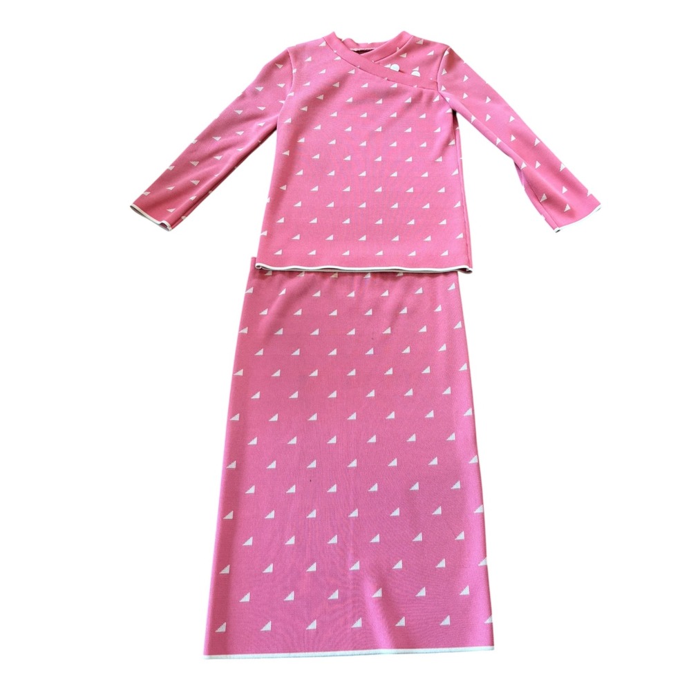 Vintage Pink Geometric Knit Skirt‎ Set Asymmetrical Button Top Midi Skirt Small